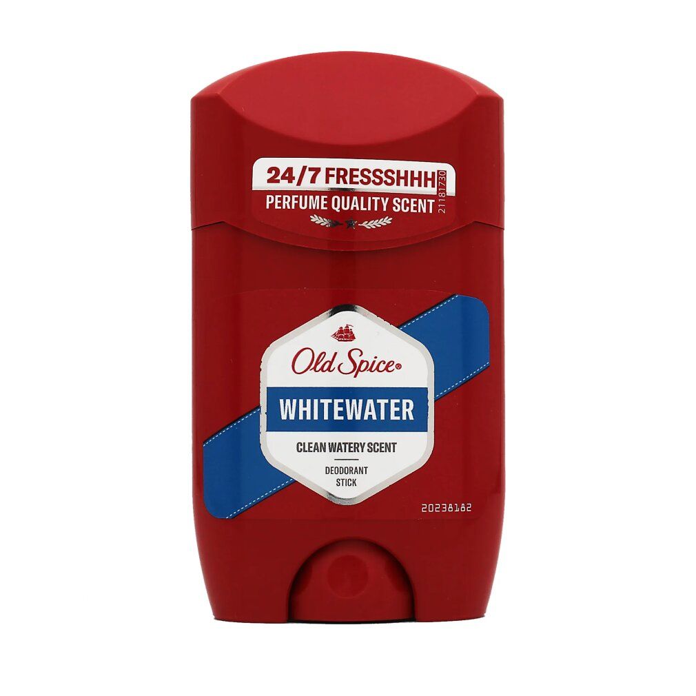 Stick deodorante rosso con etichetta bianca. Scritta: Old Spice Whitewater. Strisce blu e bianche. Testo: 24/7 Fressshhh.