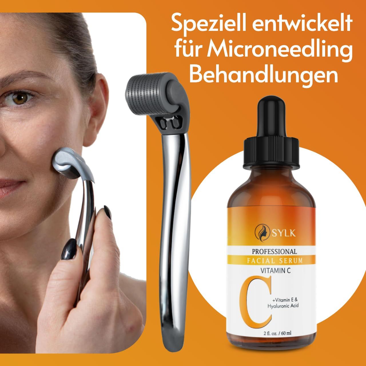 Donna con rullo per microneedling. Accanto: flacone SYLK Professional Facial Serum Vitamina C. 2 fl. oz. / 60 ml.