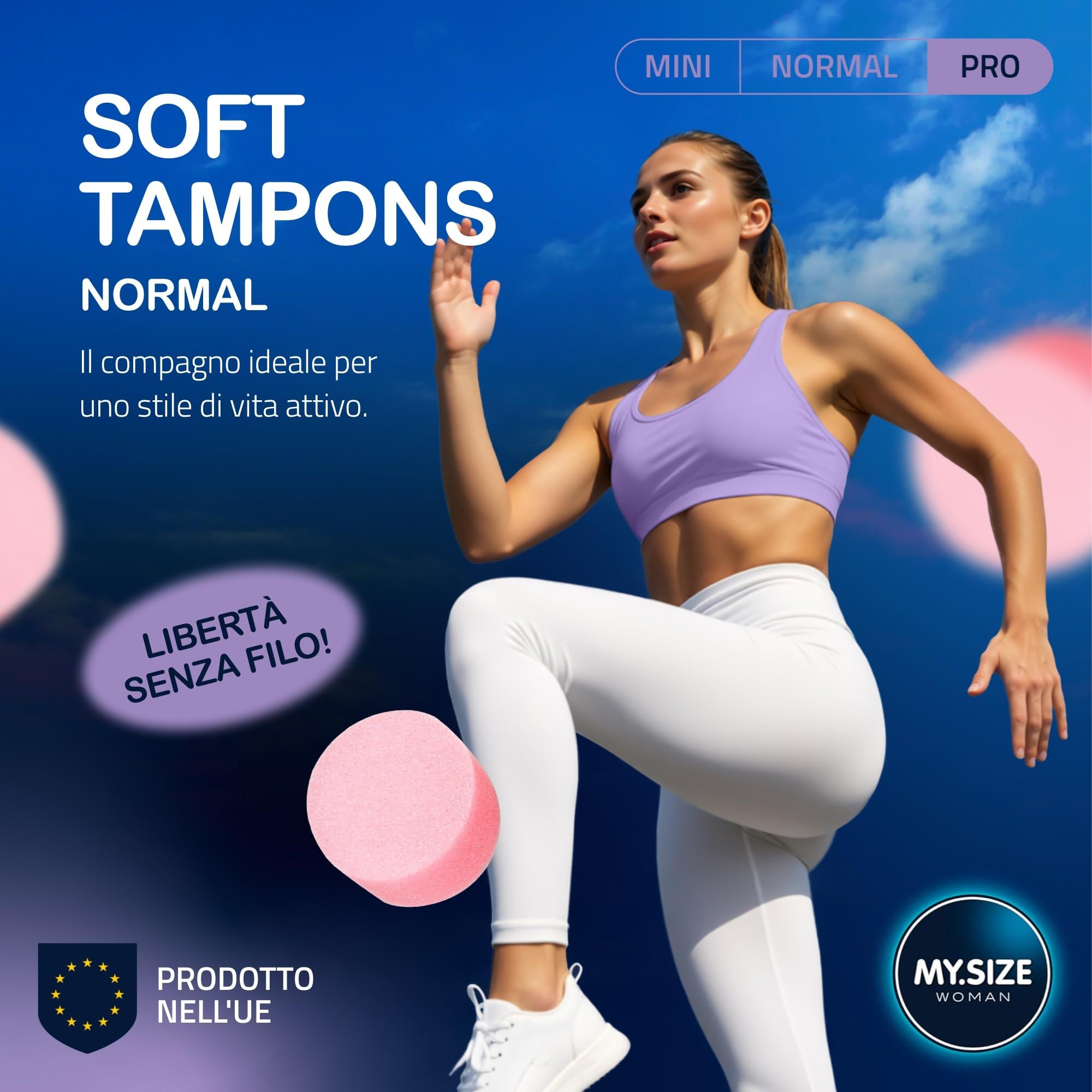 Donna che fa sport con MY.SIZE Woman Soft Tampons Pro. Libertà senza filo, per uno stile di vita attivo.