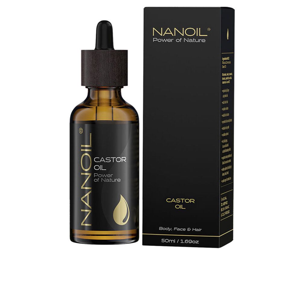 Flacone in vetro ambrato con tappo in legno e confezione nera. Scritta: Nanoil Castor Oil. Simbolo goccia. Scatola nera con informazioni.
