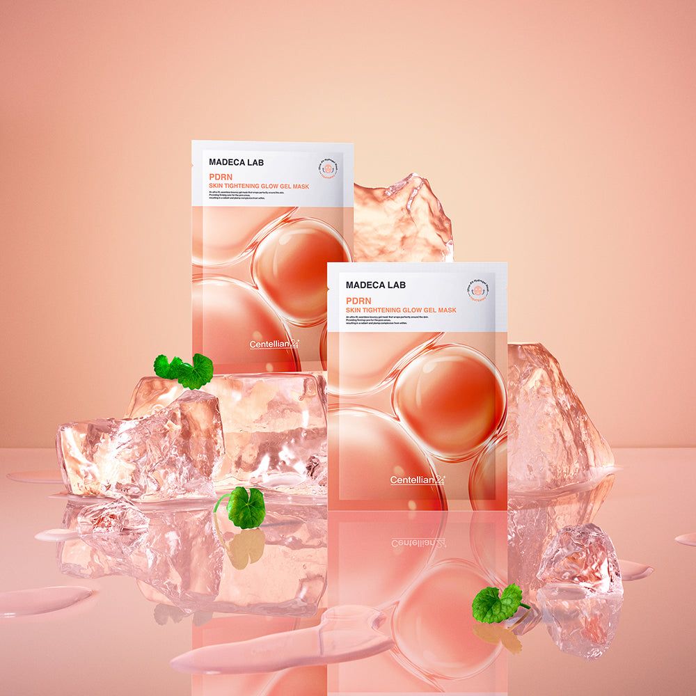 Due confezioni di maschera gel rassodante PDRN Madeca Lab tra blocchi di ghiaccio.