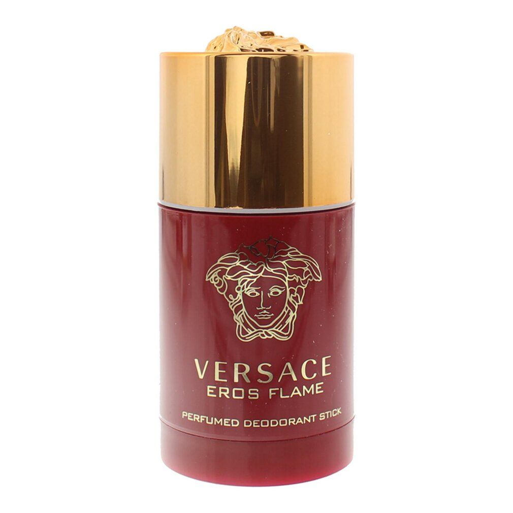 Deodorante stick profumato Versace Eros Flame, flacone rosso con tappo dorato e logo Medusa.
