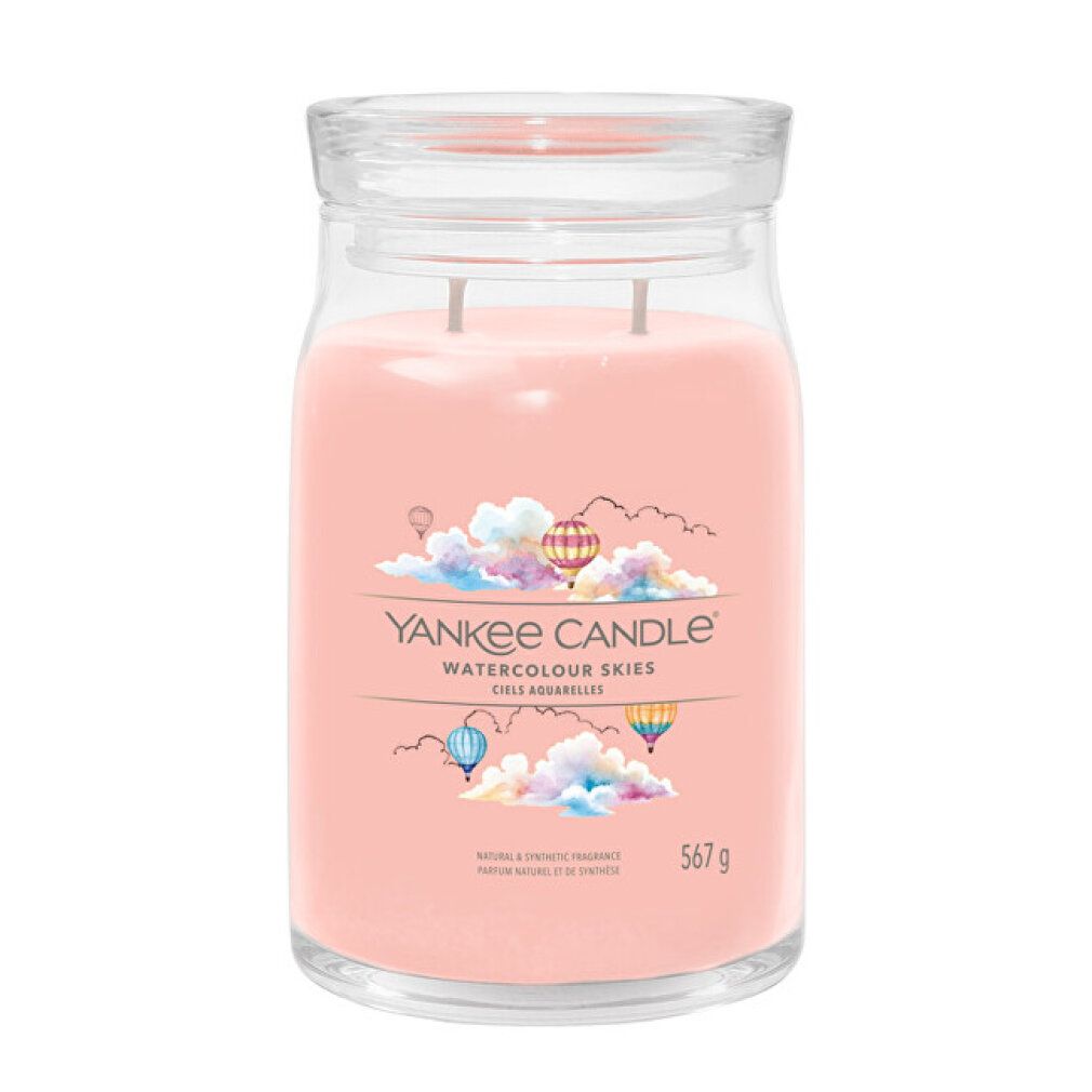 Vaso grande con candela rosa, coperchio. Scritta: Yankee Candle, Watercolor Skies, 567 g. Illustrazione: mongolfiere, nuvole.