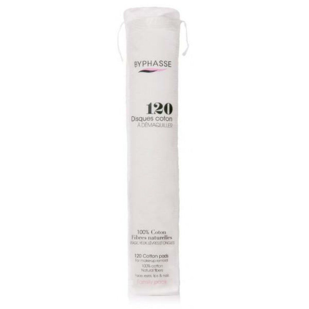 Confezione cilindrica da 120 dischetti di cotone. Scritta BYPHASSE, 100% cotone, fibre naturali. Testato dermatologicamente.