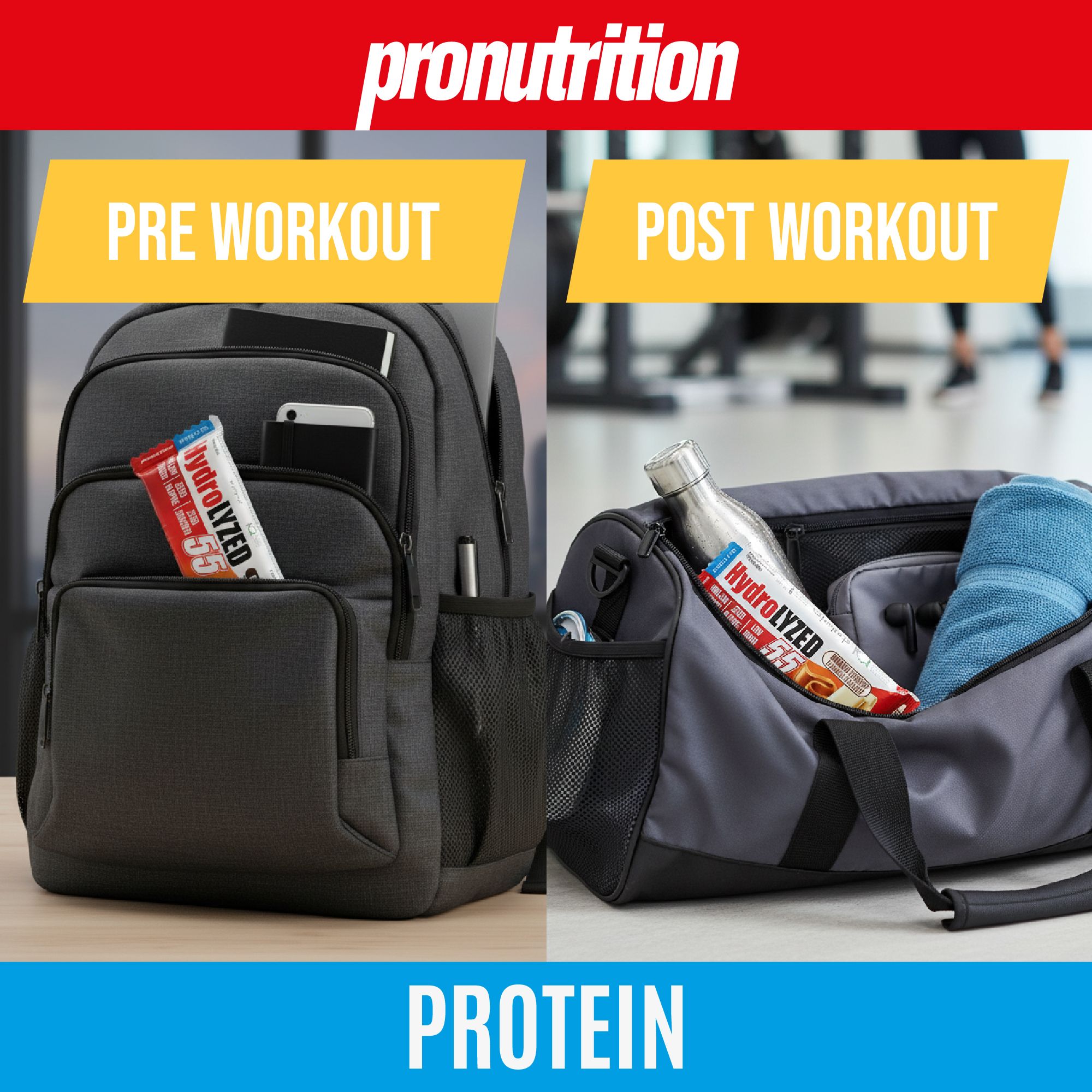 Zaino e borsa sportiva. Zaino con barretta proteica. Borsa con barretta e borraccia. Scritta: HydroLYZED 55.