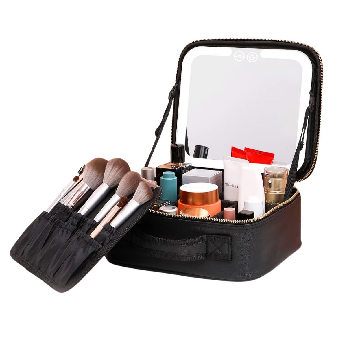 Beauty case nero con specchio illuminato, scomparti e porta pennelli.