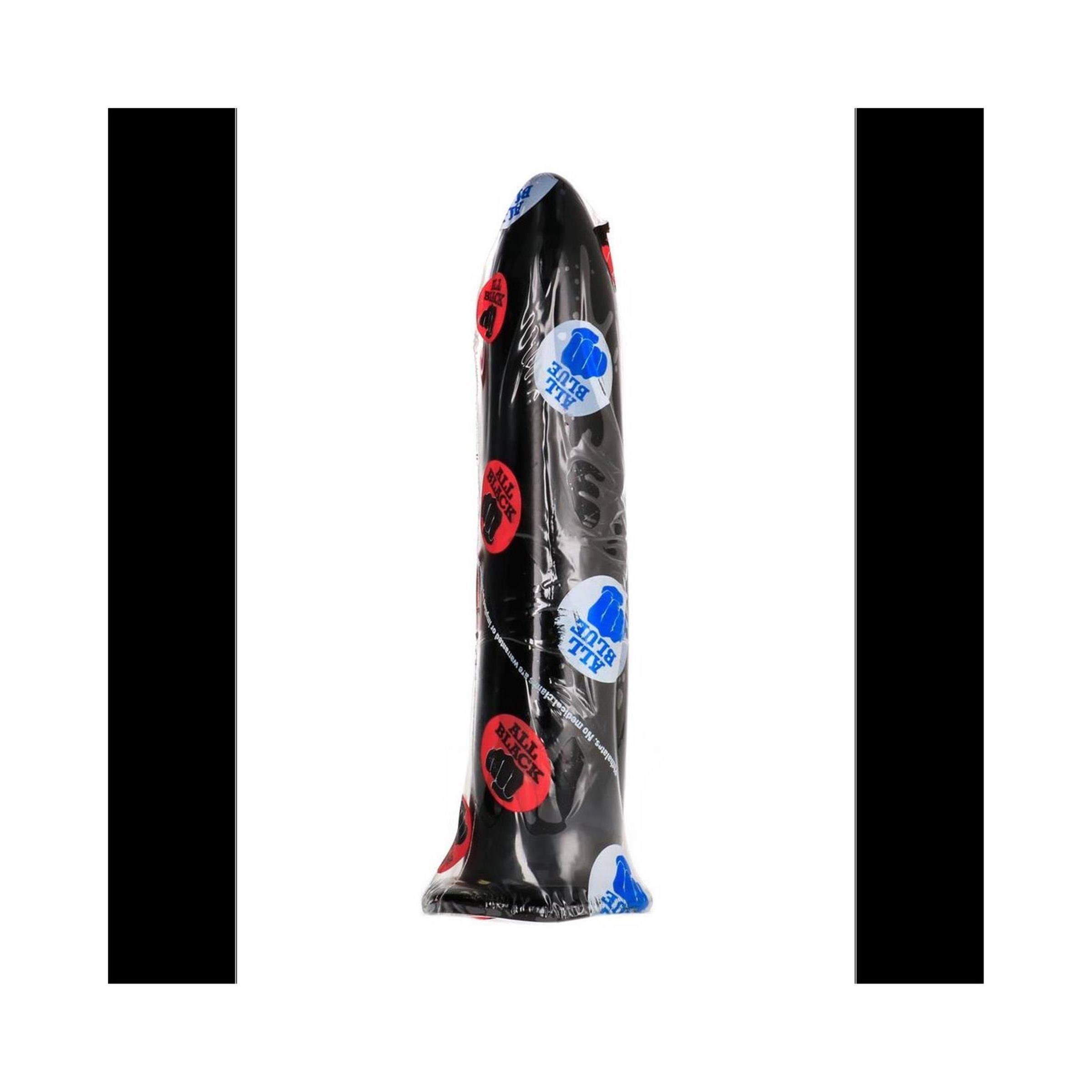 Dildo anale nero in confezione trasparente. Sulla confezione sono presenti adesivi rossi e blu.