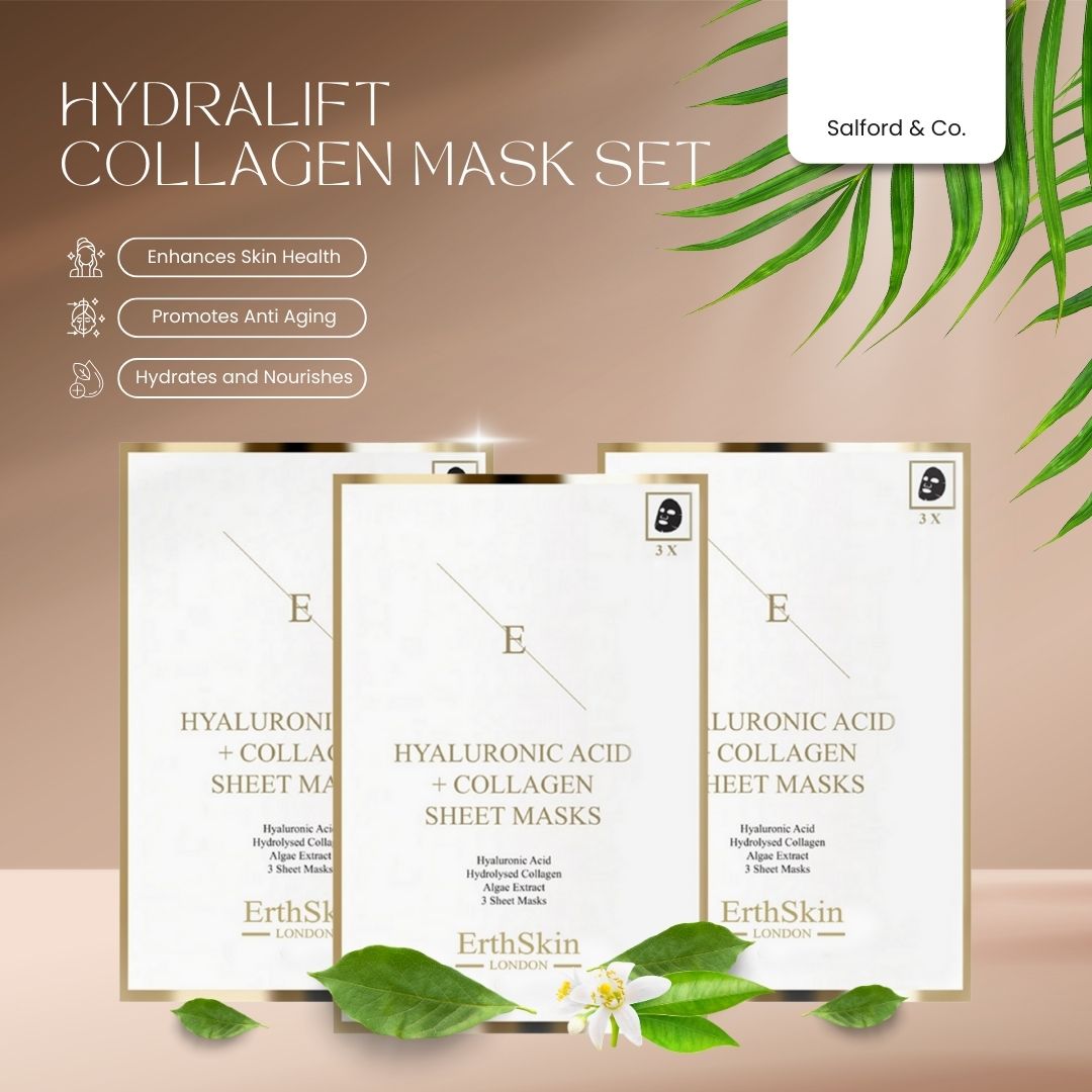 Set di maschere facciali. ErthSkin London, maschere all'acido ialuronico e collagene. 3 confezioni di maschere. Testo: Hydralift Collagen Mask Set.