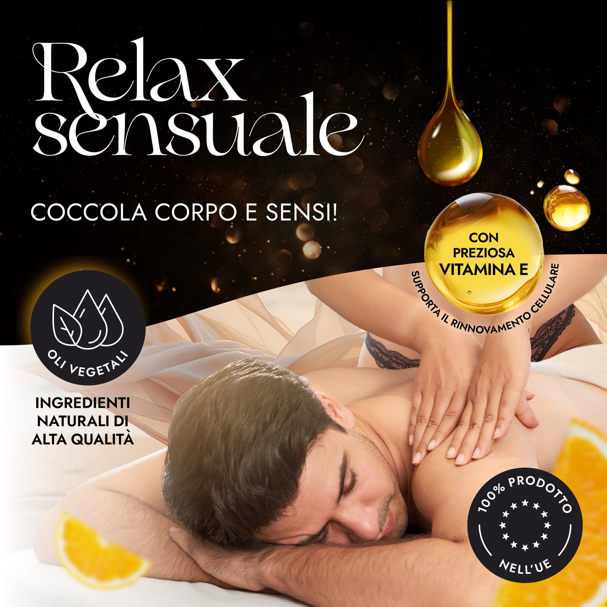 Un uomo riceve un massaggio alla schiena, circondato da spicchi d'arancia e gocce d'olio.