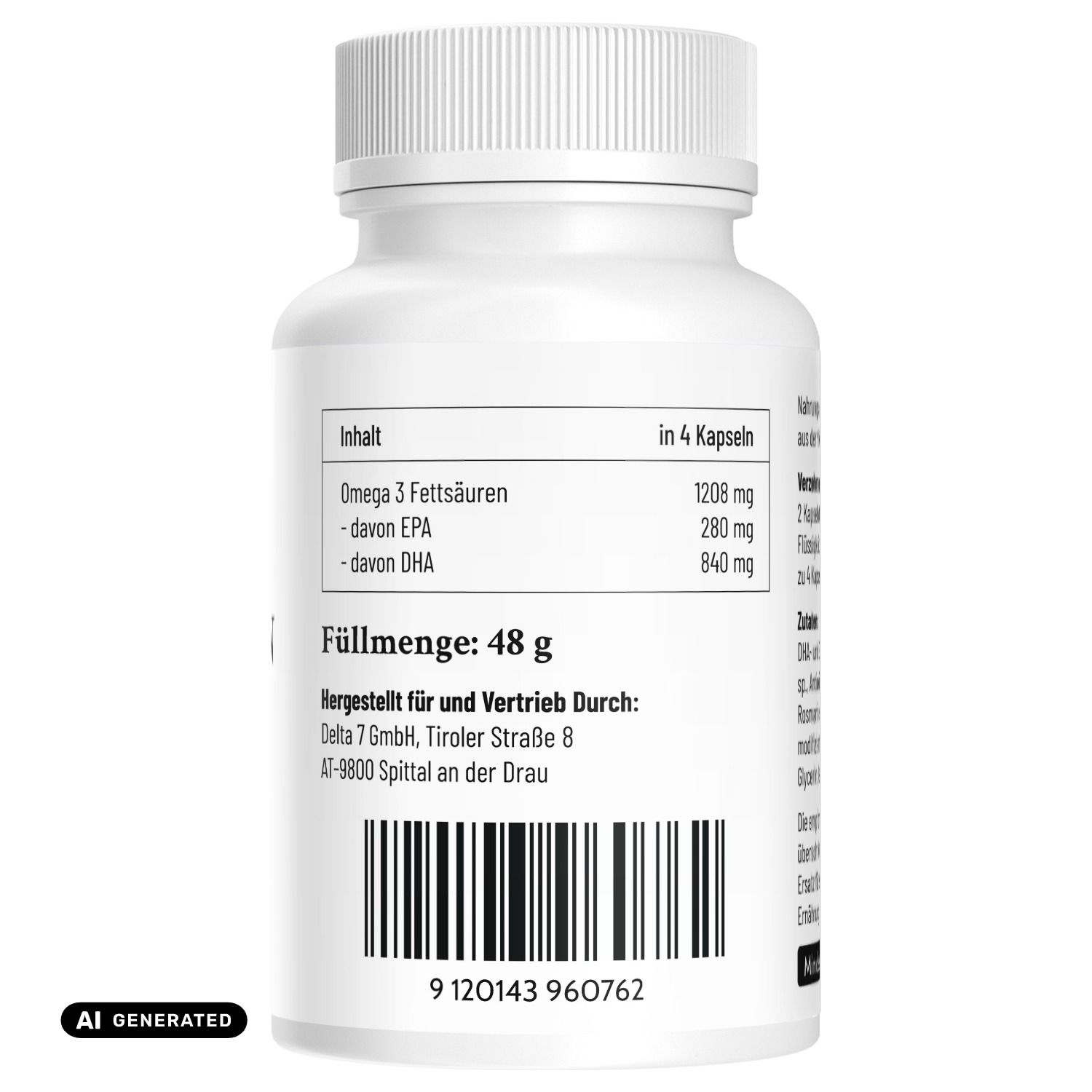 Retro di una bottiglia di capsule di olio di alghe. Informazioni nutrizionali: Omega 3, EPA, DHA.