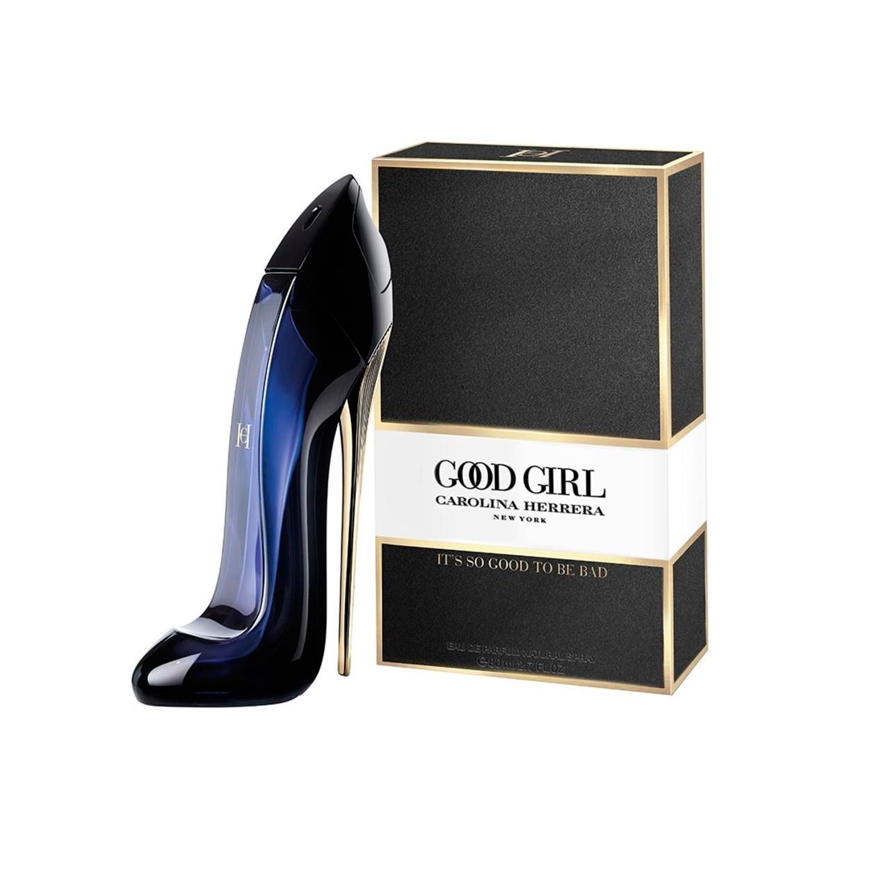 Flacone nero a forma di scarpa accanto a una scatola nera. "GOOD GIRL" e "CAROLINA HERRERA" sulla scatola.