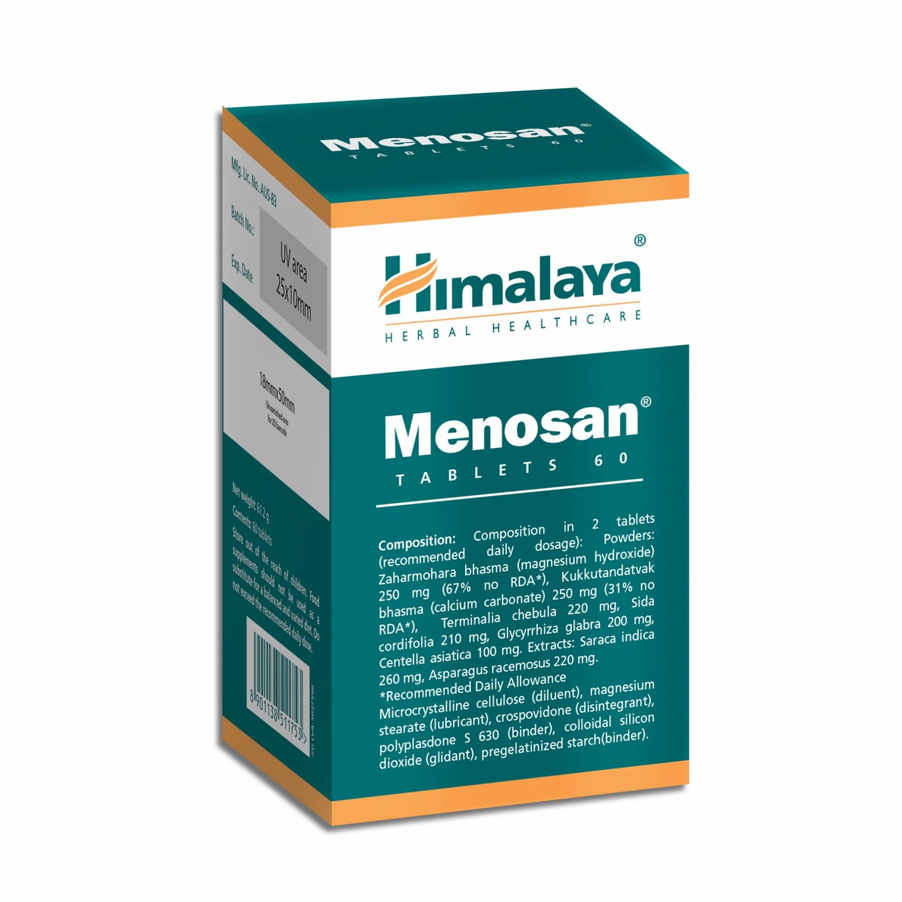 Confezione di compresse Menosan. Scatola verde e bianca con logo Himalaya e nome del prodotto. Contiene 60 compresse. Informazioni sugli ingredienti e sul dosaggio.
