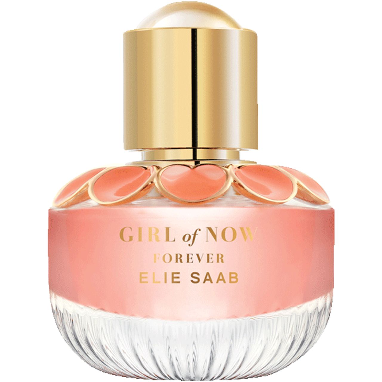 Flacone di profumo con tappo dorato e liquido rosa. Scritta: GIRL of NOW FOREVER ELIE SAAB. Ornamenti a forma di fiori.
