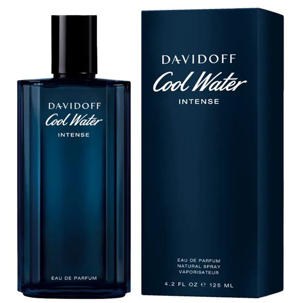 Flacone e confezione Davidoff Cool Water Intense EdP Nat. Spray. Blu, rettangolare. Scritte e dettagli del prodotto.