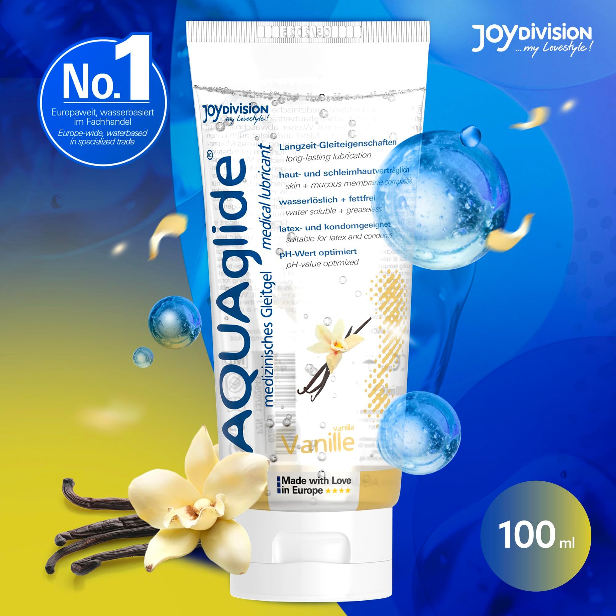 Tubo di gel lubrificante AQUAGLIDE Vaniglia con gocce d'acqua, fiori e baccelli di vaniglia. 100ml.
