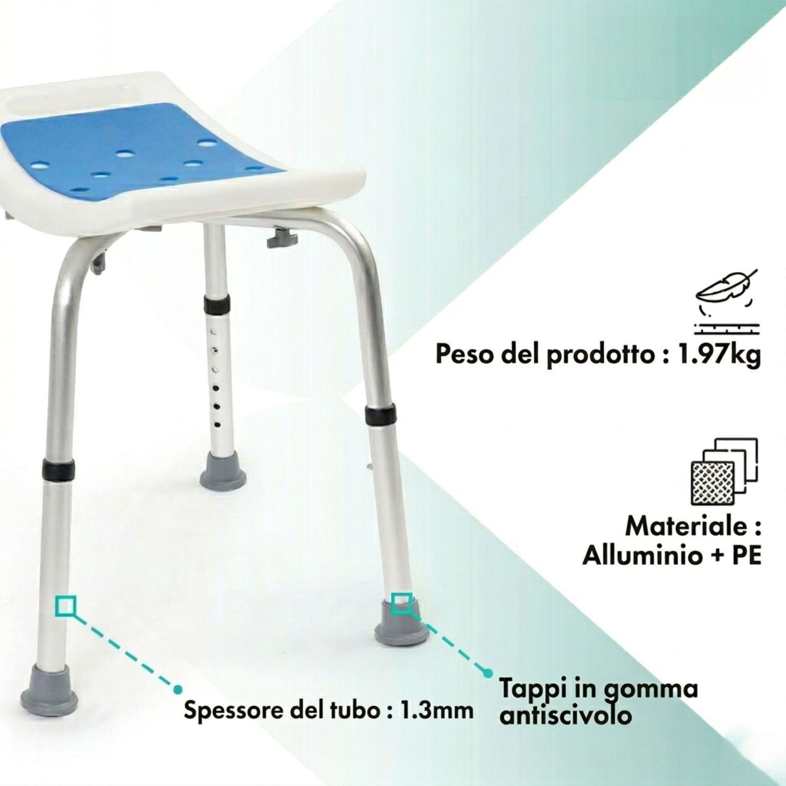 Sgabello per doccia con telaio in alluminio, piedini in gomma antiscivolo. Peso: 1,97kg. Spessore del tubo: 1,3mm.
