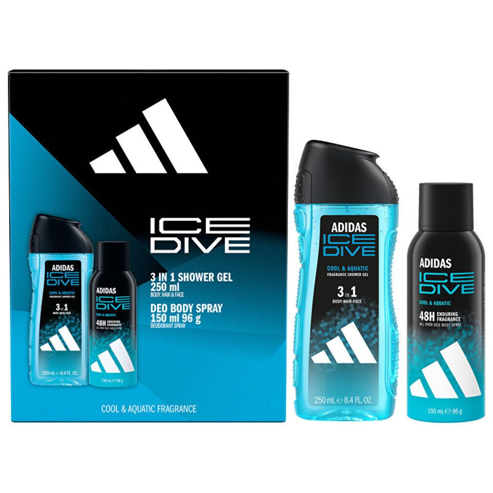 Confezione regalo Adidas Ice Dive. Gel doccia, spray deodorante. Confezione nera con logo Adidas e scritta Ice Dive. Flaconi blu.