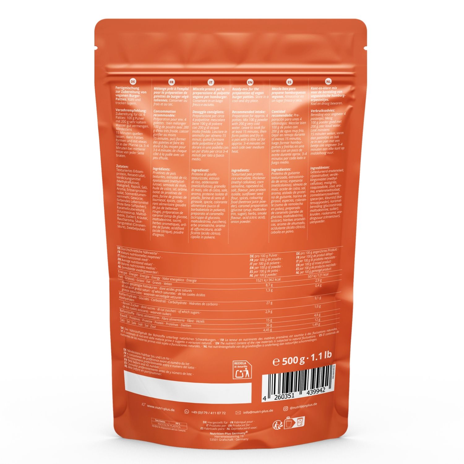 Retro della confezione arancione con testo e informazioni nutrizionali. Indicazione 500g e 1.1 lb.