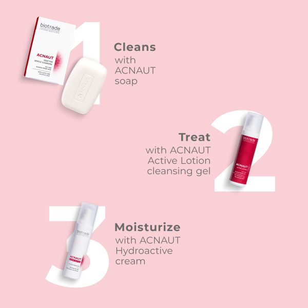 Tre prodotti: sapone, gel detergente e crema. Tutti i prodotti riportano "Acnaut". I prodotti sono disposti su sfondo rosa.