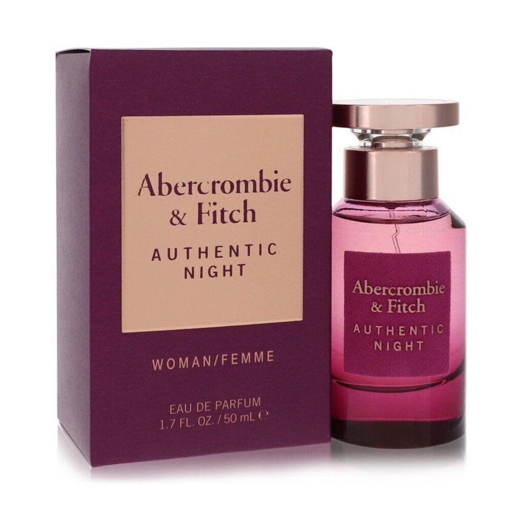 Flacone e confezione di Abercrombie & Fitch Authentic Night. Flacone viola con tappo dorato. Confezione rettangolare con logo.