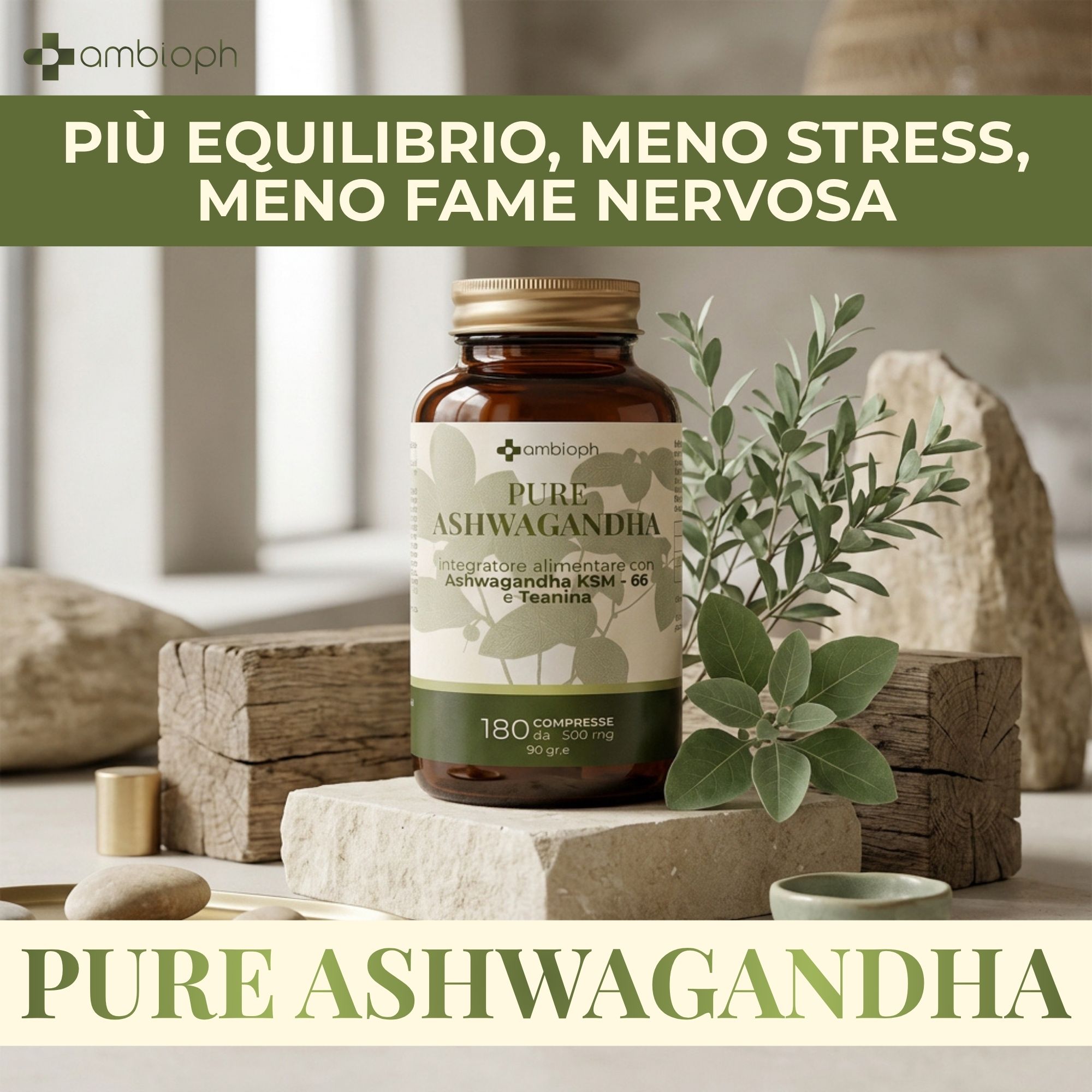 Radici e foglie di Ashwagandha fluttuano sopra una capsula di Petri con polvere.