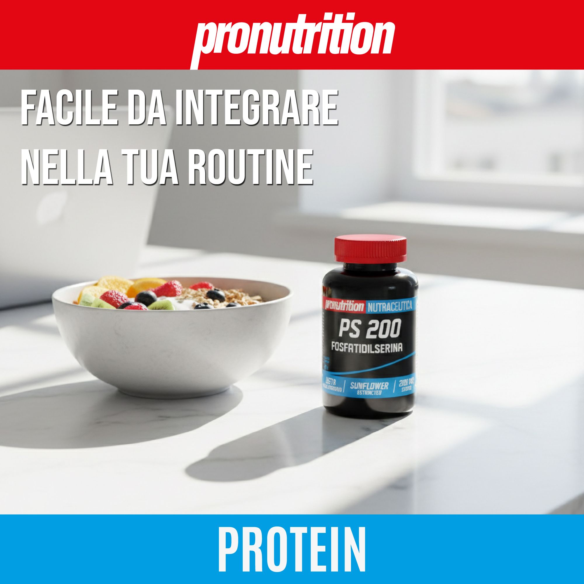 Flacone nero con tappo rosso. Scritta PS 200, Fosfatidilserina. Ciotola con frutta e cereali.