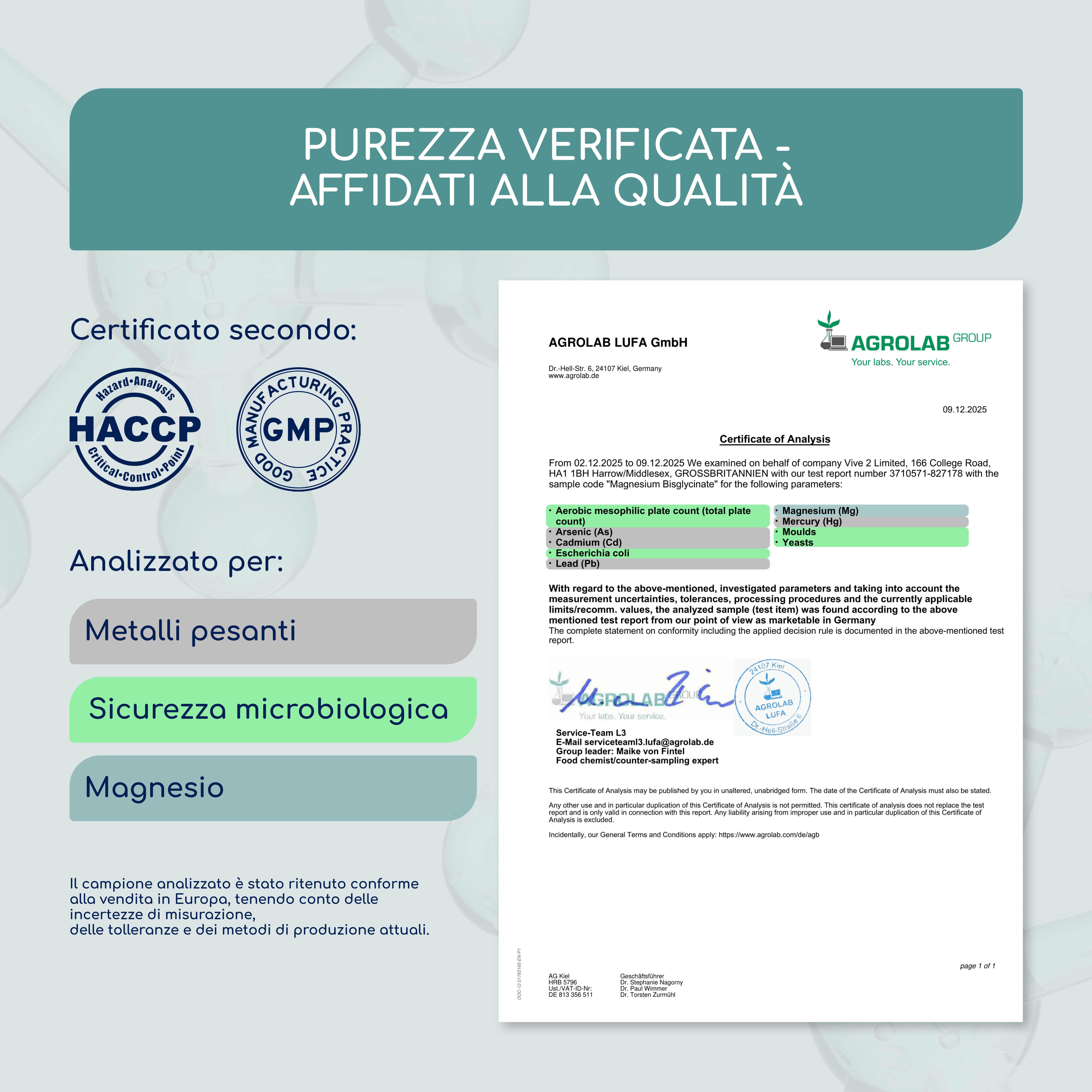 Documento di certificazione di Agrolab LUFA GmbH. Testato per metalli pesanti, sicurezza microbiologica.