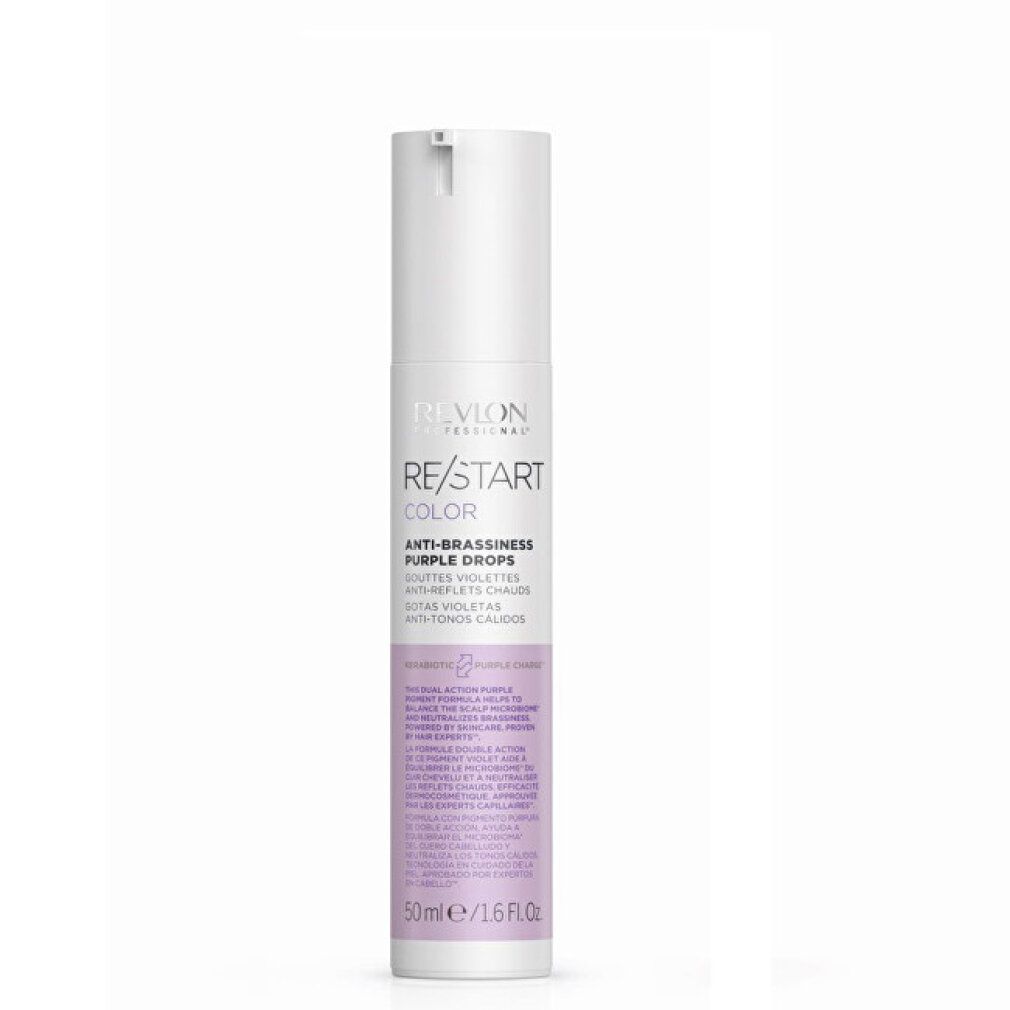 Revlon Re-Start Color Anti-Brassiness Purple Drops. Flacone bianco, etichetta viola. Nome prodotto e testo visibili.