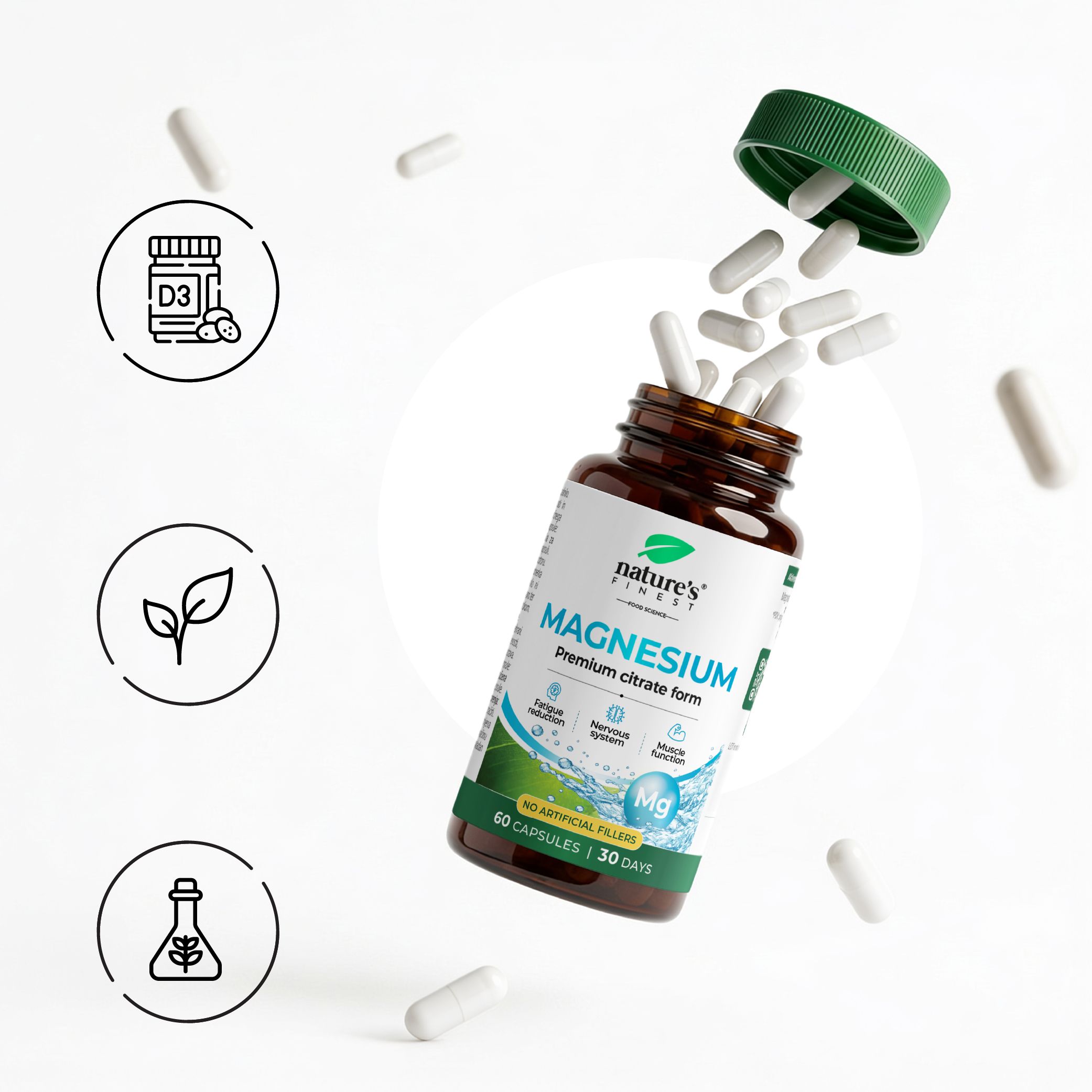 Una bottiglia di Nature's Finest Magnesiumcitrate con capsule volanti e icone per D3, foglia e fiaschetta.