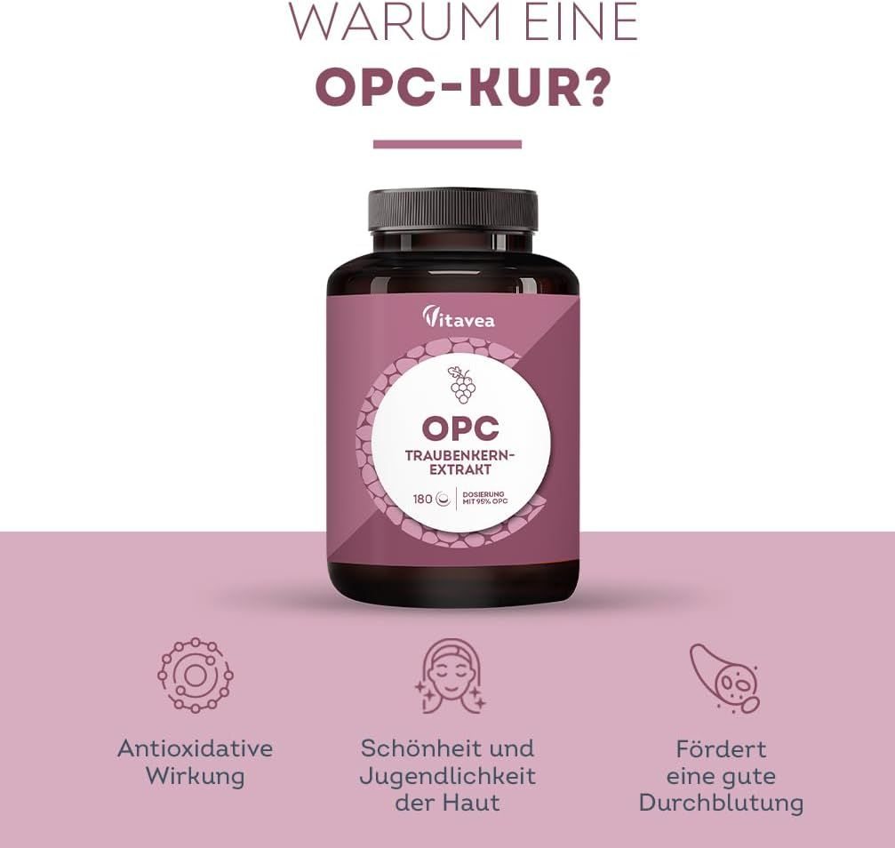 Flacone marrone con compresse. Scritta: Vitavea OPC Traubenkernextrakt. 180 compresse. Testo: Azione antiossidante, bellezza, buona circolazione.