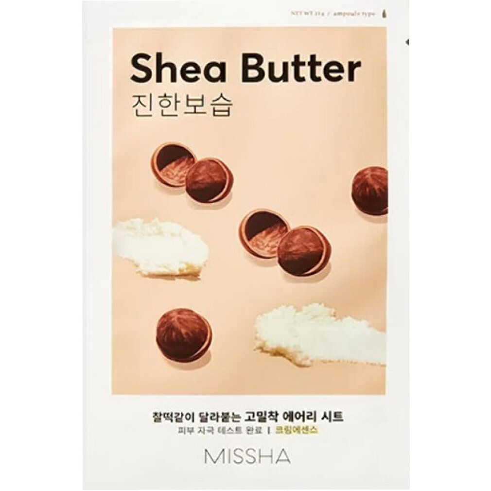 Confezione MISSHA Airy Fit Sheet Mask. Stampa con Shea Butter, caratteri coreani e noci di karitè.