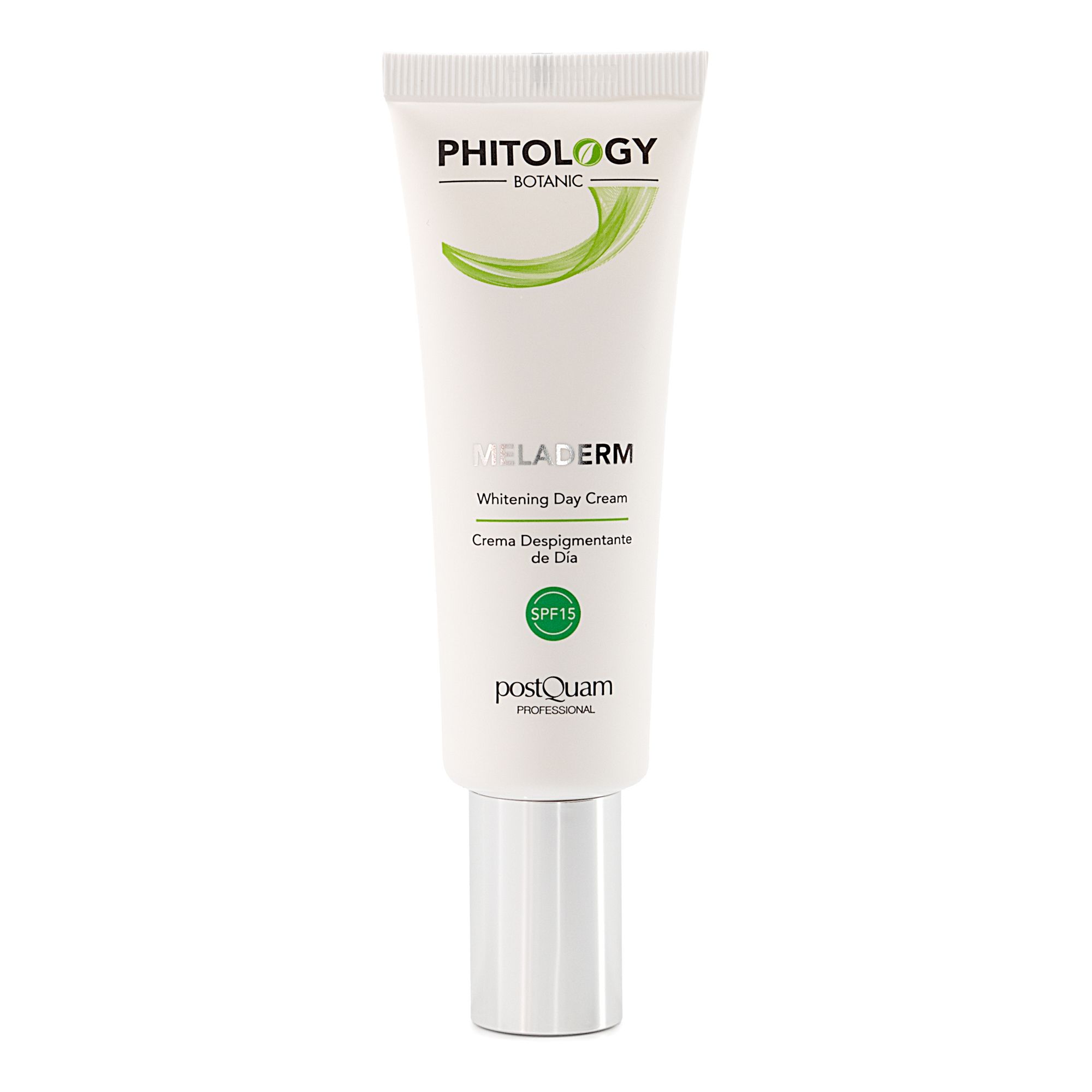 Tubo bianco con stampa verde. Testo: PHITOLOGY BOTANIC, MELADERM, Whitening Day Cream, SPF 15. Chiusura argentata.