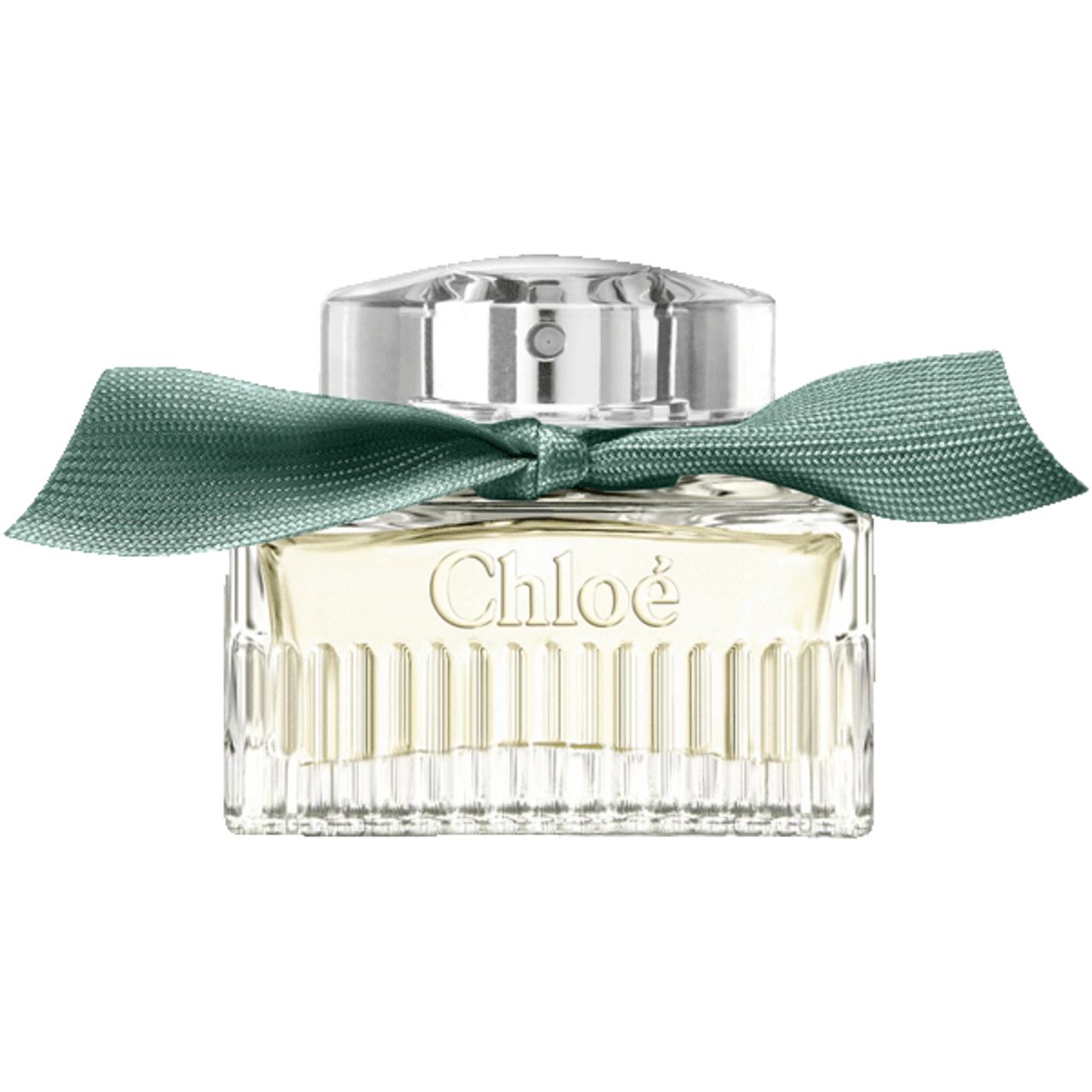 Flacone di profumo con tappo argentato e nastro verde. Scritta "Chloé".