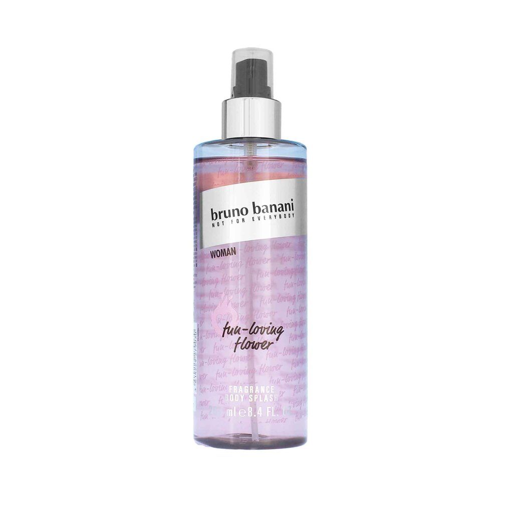 Flacone di body mist con vaporizzatore. Scritta: bruno banani, fun-loving flower, Woman, Fragrance Body Splash, 8.4 FL OZ.