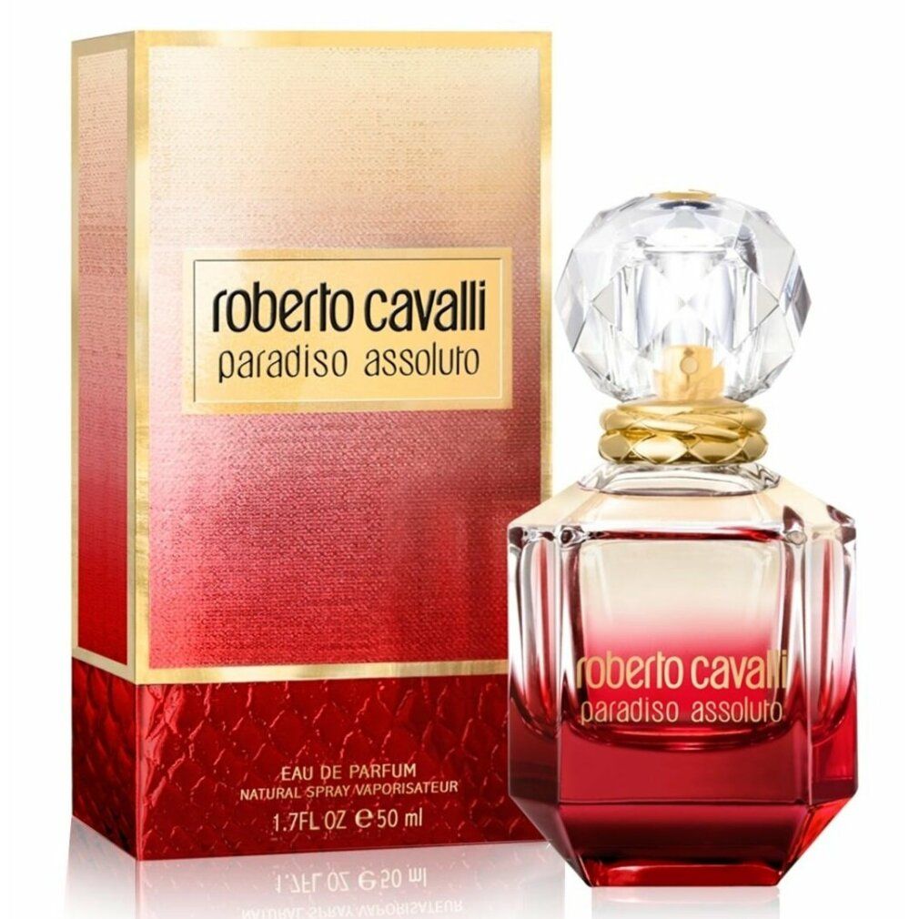 Flacone di profumo e confezione. Flacone ottagonale, rosso. Confezione rosso-oro. Scritta: Roberto Cavalli Paradiso Assoluto.