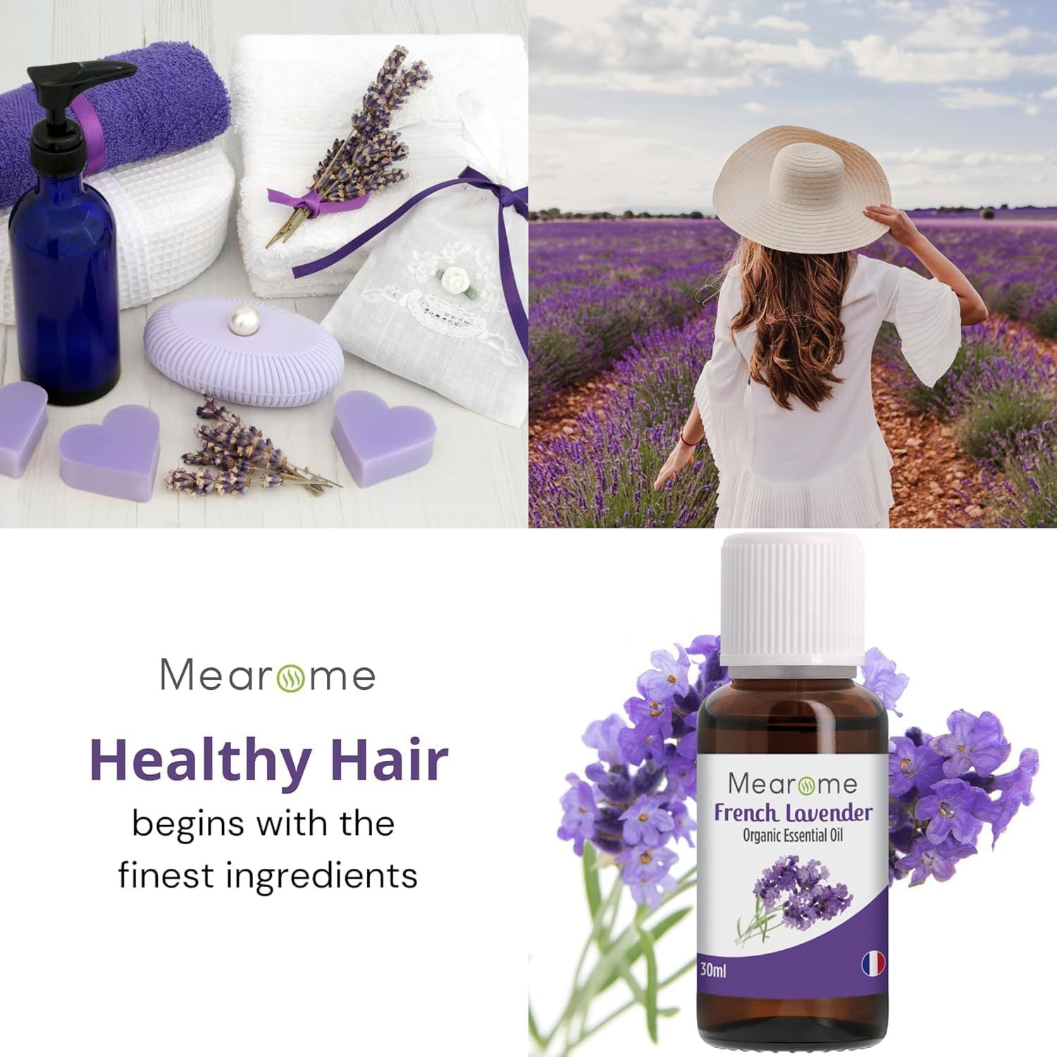 Lavanda, asciugamani, sapone, donna con cappello, flacone con etichetta. Nome del prodotto e bandiera francese.