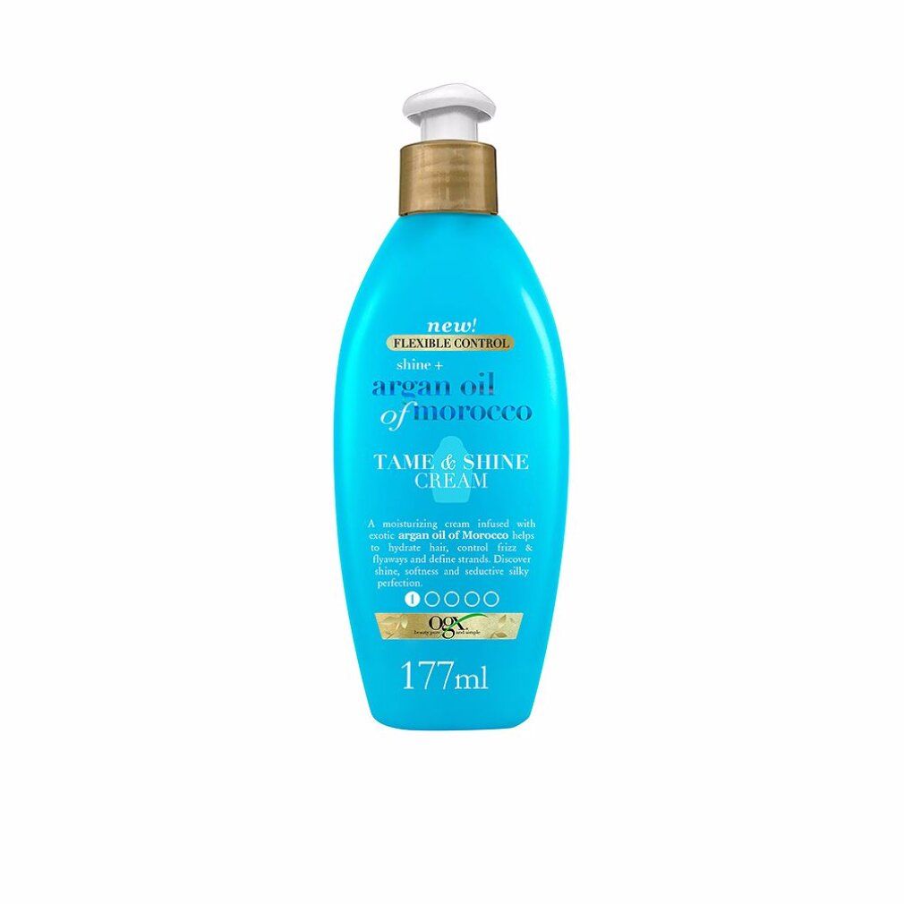 Flacone blu turchese con dosatore. Scritta: Argan Oil of Morocco Tame & Shine Cream. 177ml.