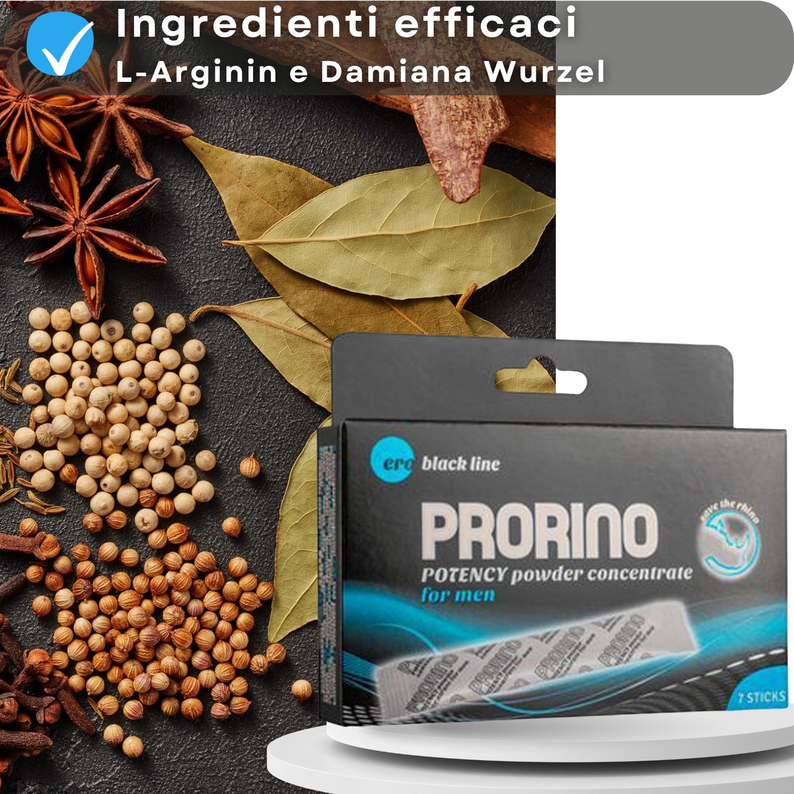 Confezione "PRORINO" accanto a spezie. Testo: Ingredienti efficaci L-Arginina e radice di Damiana.