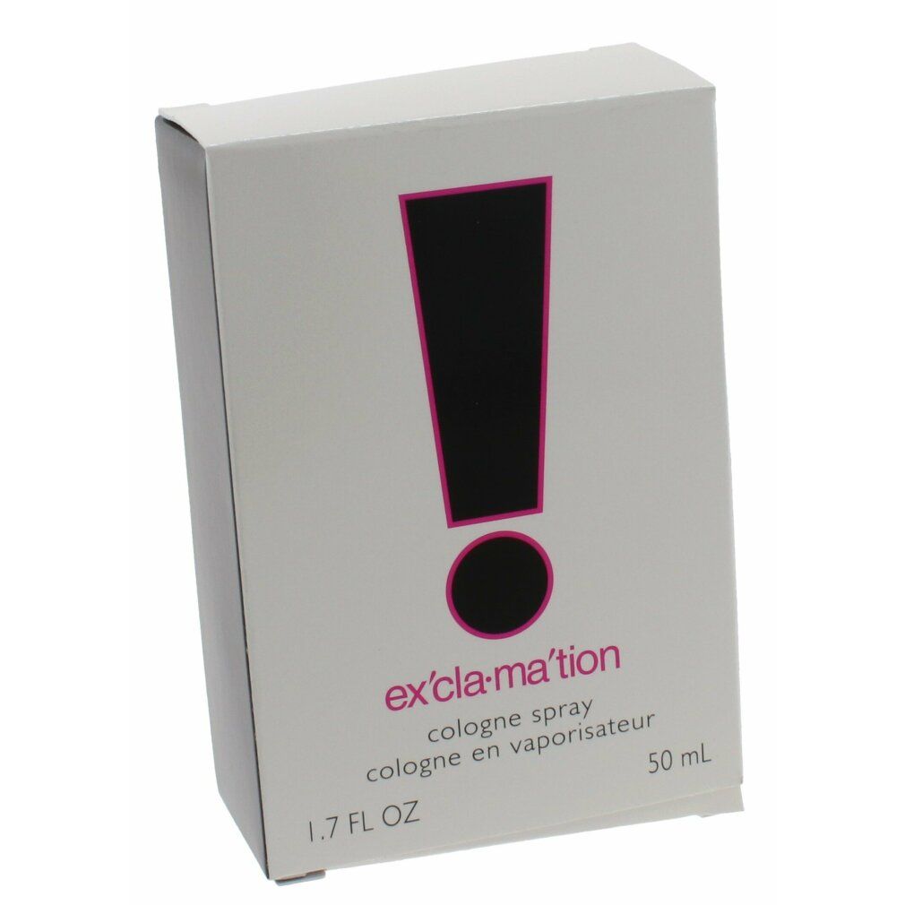 Confezione bianca con punto esclamativo nero e bordo rosa. "ex'cla-ma'tion" e "cologne spray" sulla confezione.