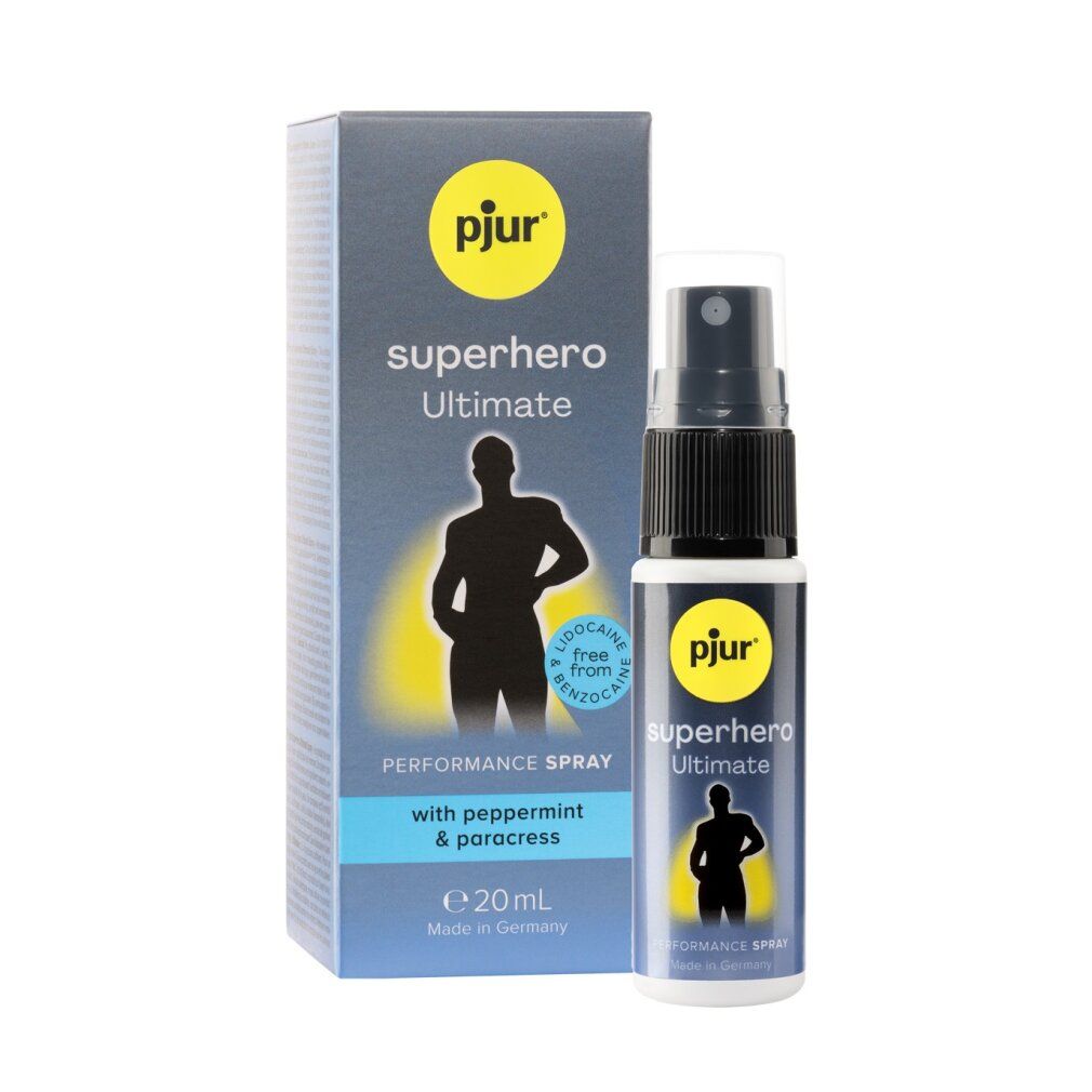 Prodotto e confezione. Scritta: pjur, superhero Ultimate, Performance Spray. Contiene menta piperita e paracress. Senza lidocaina e benzocaina. Flacone spray.