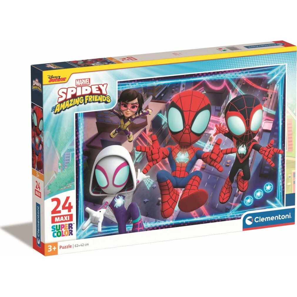 Scatola puzzle Spidey & Friends. 24 pezzi. Marca: Clementoni. Personaggi: Spidey, Miles Morales, Ghost-Spider e Wasp. Età: 3+.