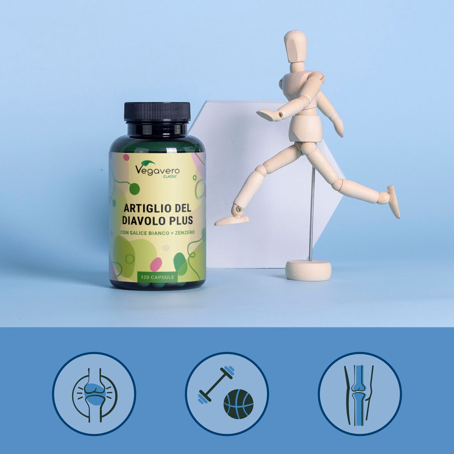 Una bottiglia Artiglio del Diavolo Plus accanto a un manichino di legno. Sfondo blu con icone.