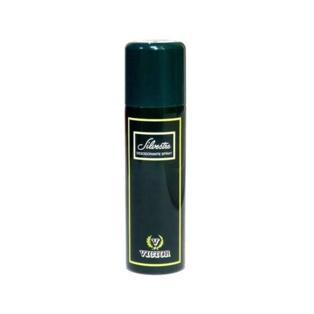 Flacone spray deodorante nero con tappo verde. Scritte "Silvestre" e "Victor".