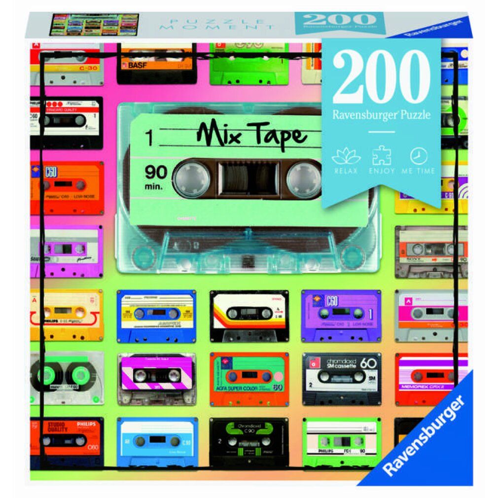 Puzzle da 200 pezzi. Tema: audiocassette. Marca: Ravensburger. Confezione con nome e logo del prodotto.