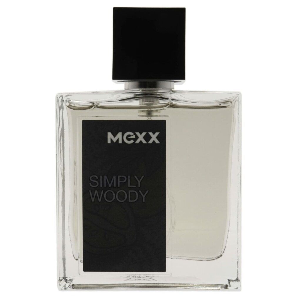 Mexx Simply Woody Eau de Toilette. Flacone in vetro con tappo nero. Scritta nera su etichetta bianca.