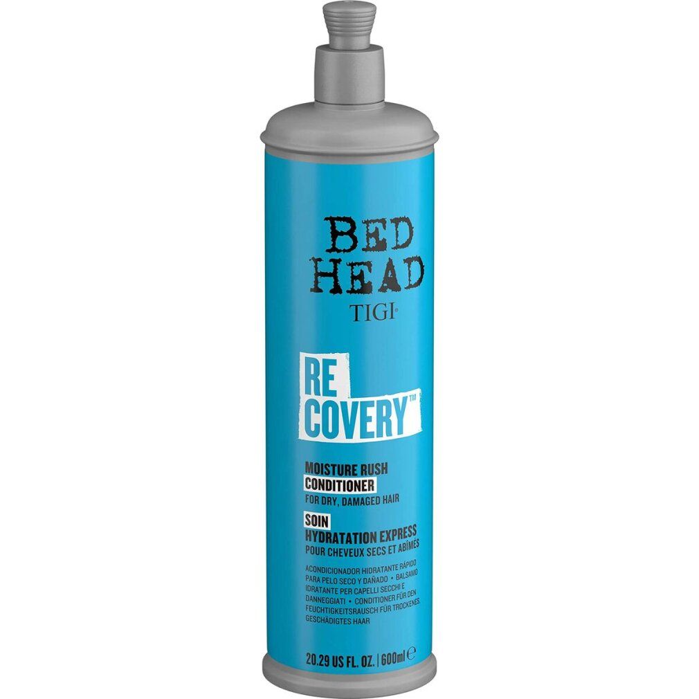 Flacone blu e grigio con pompa. Bed Head Tigi Recovery Conditioner. Testo: Moisture Rush, per capelli secchi e danneggiati. 600ml.