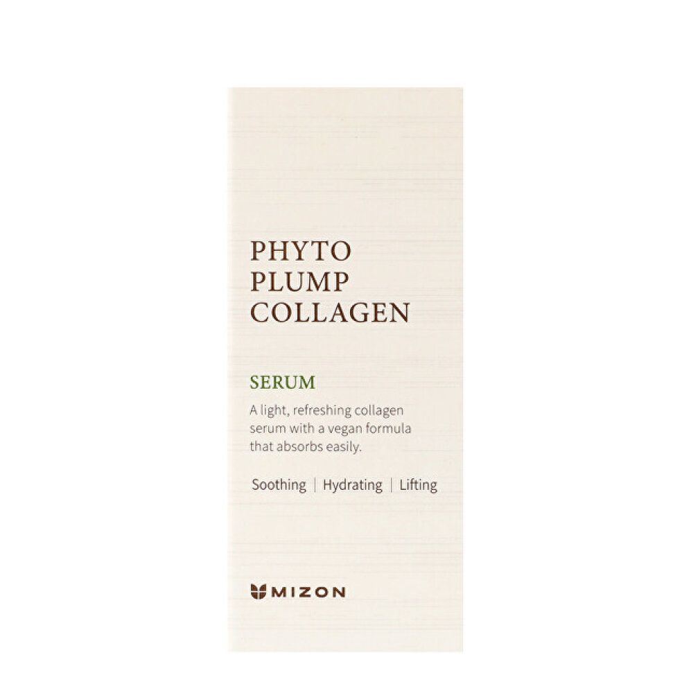 Confezione bianca con scritta: Phyto Plump Collagen Serum. Contiene informazioni sul prodotto e il logo MIZON.