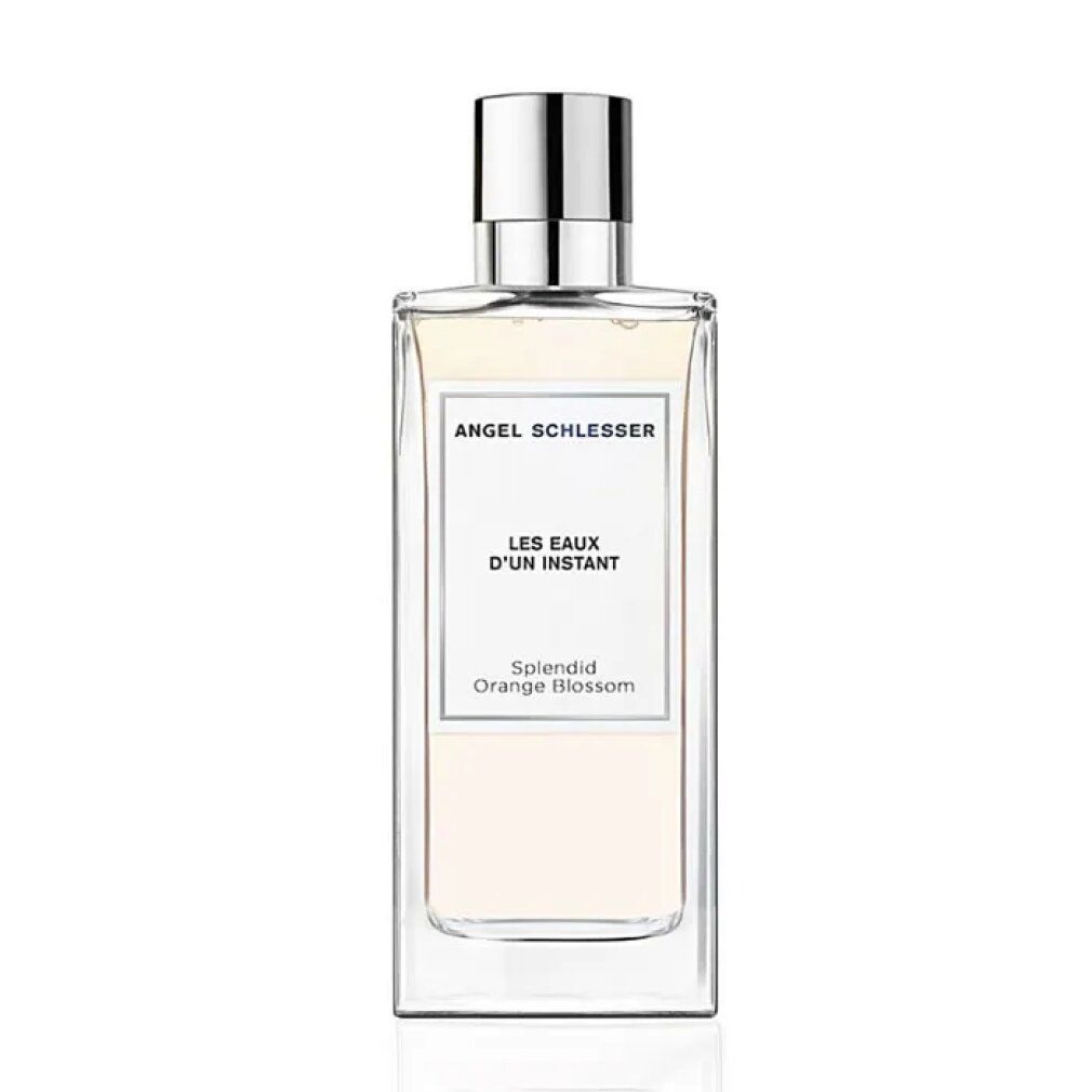Flacone di profumo rettangolare con tappo argentato. Scritta: Angel Schlesser, Les Eaux d'un Instant, Splendid Orange Blossom.