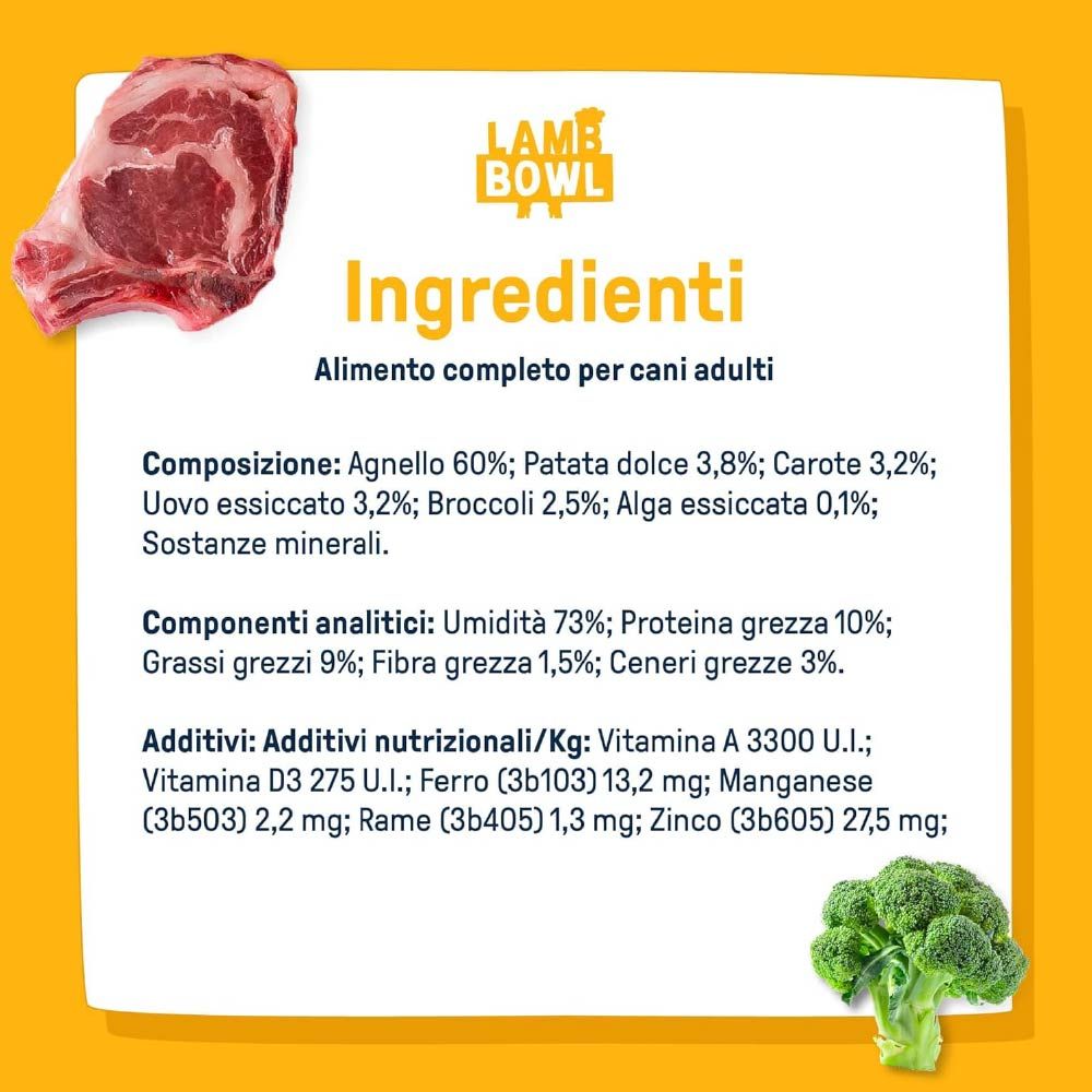 Lista ingredienti per Dog Heroes Lamb Bowl. Contiene agnello, patata dolce, carota, uovo, broccoli, alghe. Componenti analitici e additivi.