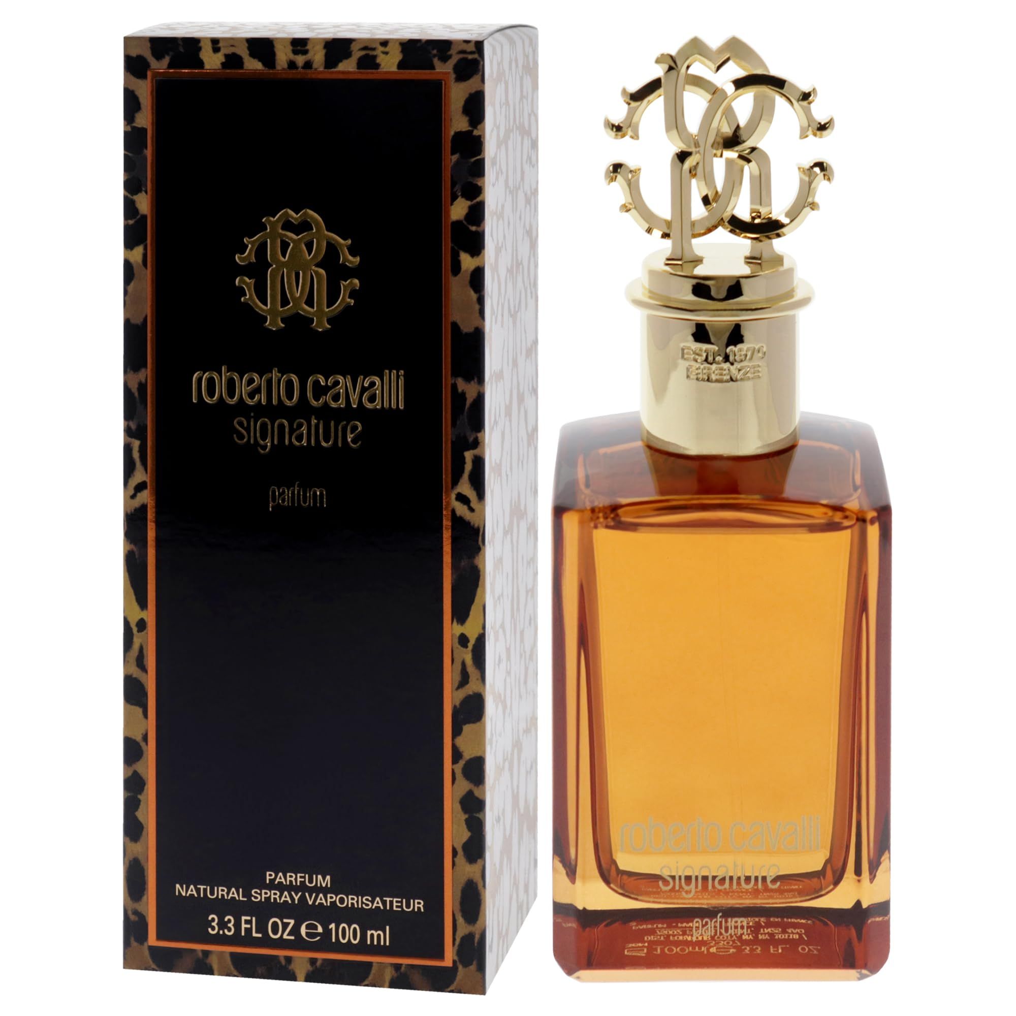 Flacone di profumo con tappo dorato e confezione. Scatola nera con logo e scritta.